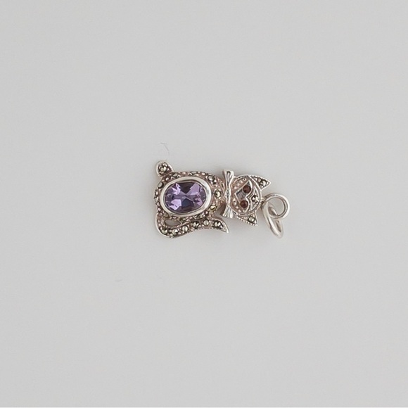 Vintage Sterling Silver Garnet Amethyst Marcasite Pendant Kitty Cat Feline - Picture 4 of 10